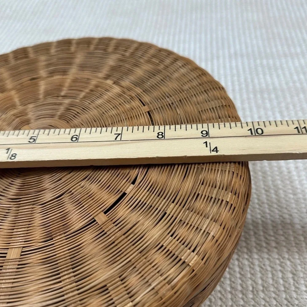 Vintage Handmade Round Woven Wicker Basket Lid Natural Brown Boho Storage 9.5in